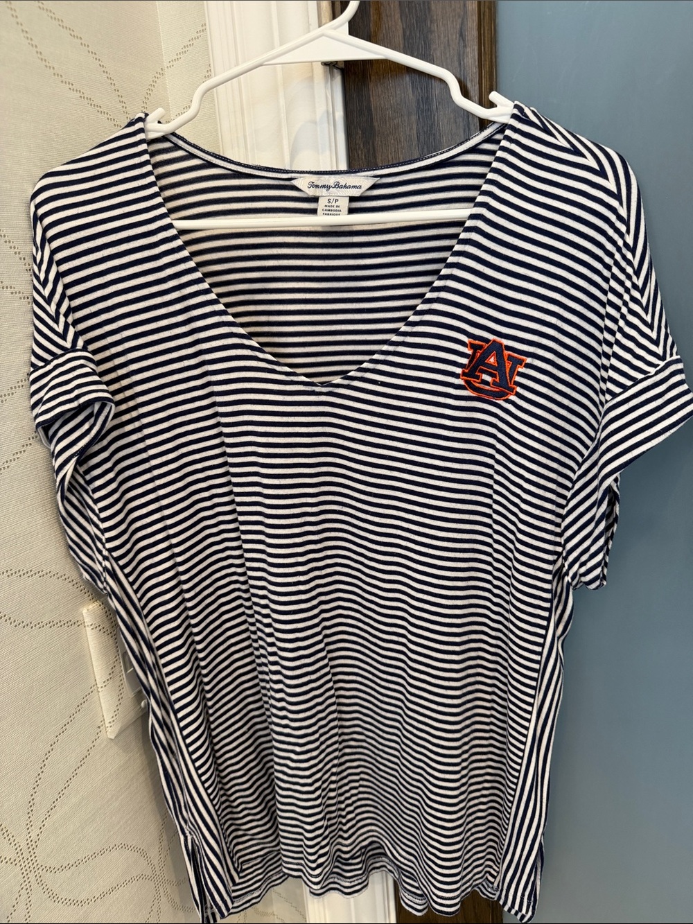 Tommy Bahama Auburn University Navy White Stripe tee